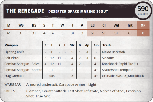 Perfil de El Renegado para Necromunda. Un Explorador Marine Espacial desertor del Capítulo de los Puños Imperiales.