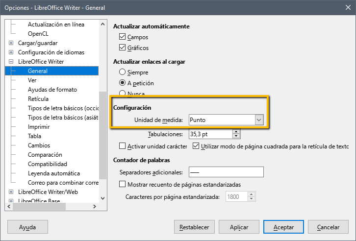 Ventana de LibreOffice Writer mostrando las Opciones de Herramientas. Está remarcada, con un cuadro amarillo, la opción de Configurar la Unidad de medida.