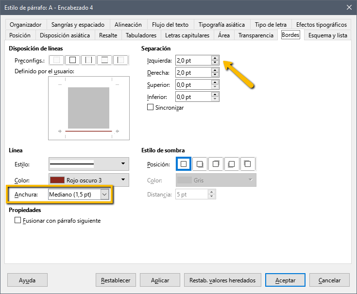 Ventana de LibreOffice Writer mostrando las propiedades de Estilos y formato, en la pestaña Bordes. Está remarcada, con un cuadro amarillo, la opción de Anchura de Línea y, con flechas, las Separaciones.
