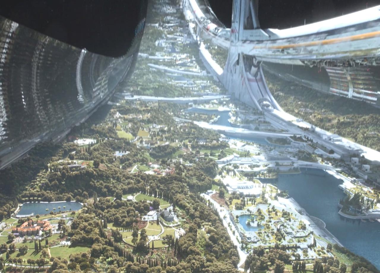 Vista interior de la Elysium, una estación espacial de ciencia ficción, en la que se ve una forma toroidal, en cuya 'pared' exterior se asienta una zona residencial con abundantes zonas verdes, auténticos bosques, lagunas y un río central, salpicado de mansiones.