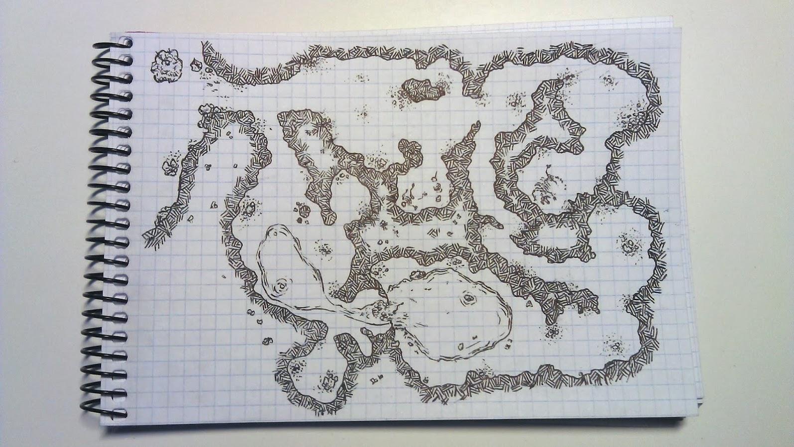 Fotografía de una libreta tamaño A5, con un mapa dibujado a mano en color negro ocupando toda la página. El estilo de dibujo es el habitual para OSR.