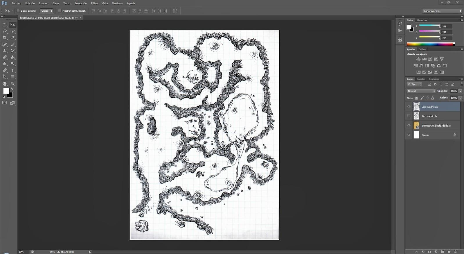 Imagen de un mapa dibujado a mano ya escaneado e insertado en Photoshop.
