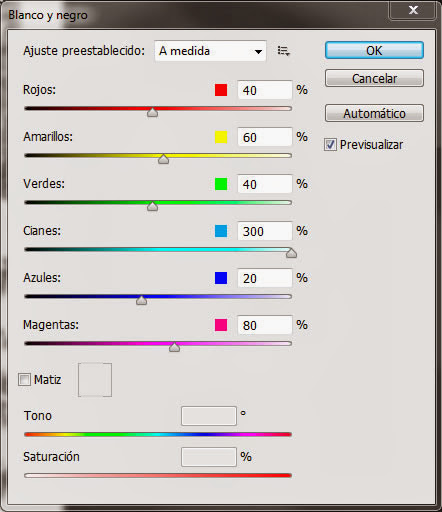 Vista del diálogo de Photoshop de Blanco y negro, con la selección de la gama de Cianes al 300%.