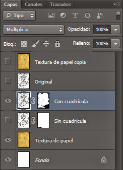 Pestaña de Capas de Photoshop, mostrando cómo el Modo de fusión de la capa del mapa está seleccionado en Multiplicar.