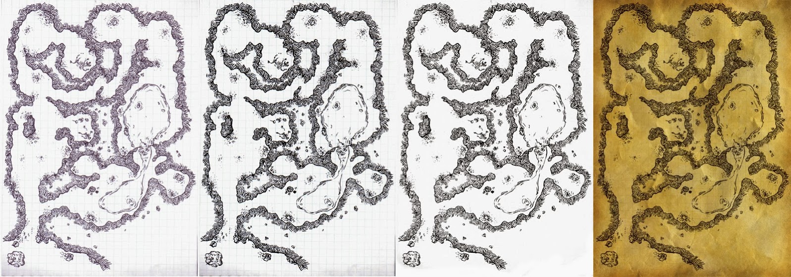 Cuatro imágenes consecutivas de diferentes estadios de mapas dibujados a mano pero tratados con Photoshop para darle un aspecto más llamativo. De izquierda a derecha: un escaneo desvaído del mapa con cuadrícula de la libreta en la que estaba dibujado, el mismo mapa con mucho más contraste, el mapa más nítido y sin la cuadrícula y, finalmente, el mapa superpuesto a una textura de papel viejo.