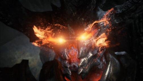 Primer plano de la cabeza de una criatura elemental de roca y lava. Toda su piel está hecha como de placas de piedra superpuestas, con unos grandes cuernos del mismo material. Entre sus placas se ve el resplandor del magma que hay en su interior, mientras sus ojos expulsan llamaradas y cientos de chispas de fuego.