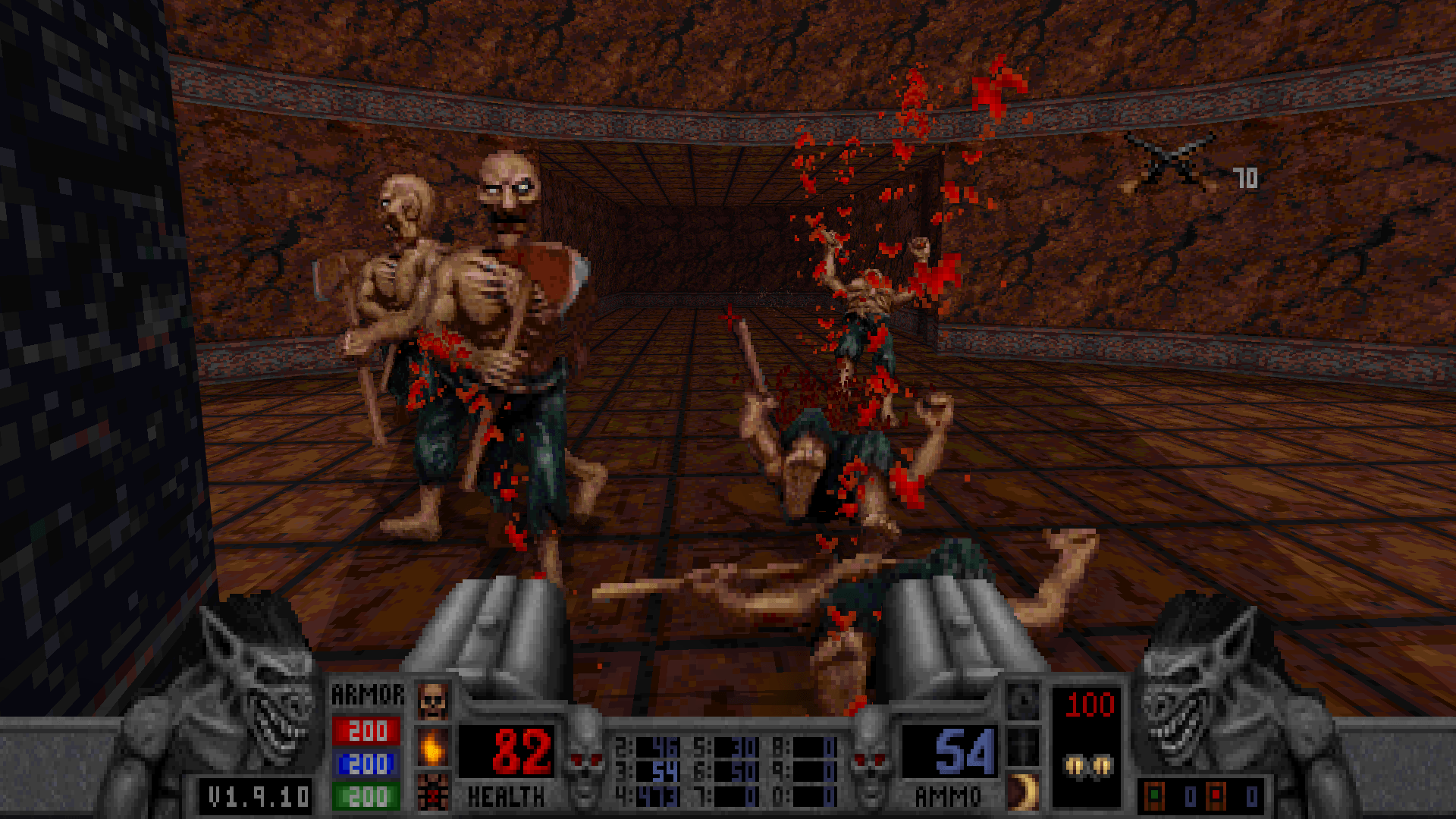 Captura del videojuego Blood. Con la interfaz clásica de FPS, en primera persona, mostrando cómo el personaje tirotea con dos escopetas de dos cañones a un grupo de zombies, armados con hachas, que está siendo despedazados a cartuchazos. La cantidad de sangre es generosa.