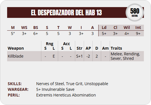 Perfil del bestiario de Necromunda para el Despedazador del Bab 13, una entidad con un rating de 580. El perfil es de: M5", WS3+, BS6+, S5, T5, W3, I3+, A3, Ld5+, Cl3+, Wil4+, Int9+. Su único tipo de ataque es la Killblade, con Rng Engage, Str S+1, AP -2, D 2 y los Traits, Melee, Rending, Sever y Shred. Tiene las Skills: Nerves of Steel, True Grit y Unstoppable. También un "wargear" de 5+ Invulnerable Save.
