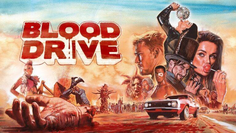 Cartel promocional de la serie de televisión Blood Drive. Está realizado imitando el estilo de las exploitation de los 70 y 80, aunque con un dibujo a lápiz y pincel de mucha mejor calidad. La mitad derecha está ocupada por una composición de las caras de los principales protagonistas, debajo de los cuales hay un Chevrolet Camaro de 1967 en color rojo. La mitad izquierda tiene la parte superior ocupada por el título BLOOD DRIVE en rojo, imitando una proyección tridimensional con los laterales en blanco y un filete rojo a todo alrededor; mientras la parte de abajo izquierda tiene una mano cortada en primer plano, una chica de aspecto punk y la cabeza rapada a excepción de un mohicano morado, y detrás un tipo empujando las piernas de otro dentro de una trituradora.