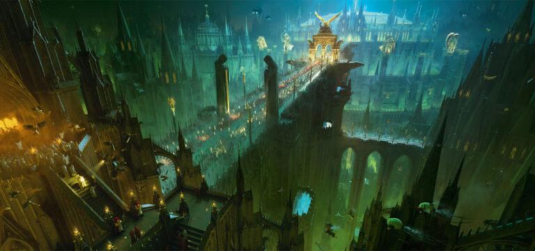 Ilustración en tonos verdes neón, cian y naranja de grandes travesías de una ciudad imperial flanqueadas por enormes estatuas de monjes en posición de oración. Las monumentales calles se cruzan entre sí a diferentes alturas, como un laberinto de puentes atestado de ciudadanos portando antorchas. Una imagen muy posible dentro de cualquier frameworks de tier 1 de Wrath and Glory Warhammer 40k Roleplay.