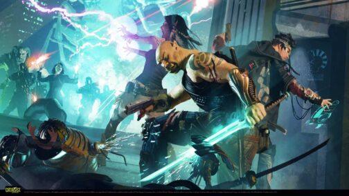 Una ilustración mostrando un combate de Shadowrun entre un grupo de runners y otro de corpos. En primer plano un samuray callejero orco corta la cabeza de un dron armado con espadas, mientras un netrunner intenta hackear la red de Ares y una chaman trata de proteger al grupo de los disparos de las tropas corporativas. Por su lado, al fondo, están los corpos formados por una orca en traje de chaqueta, varios soldados en armaduras negras y un troll poco amigable. Al fondo del todo en medio de un resplandor cian parece formarse la imagen de un insecto descomunal de cuerpo largado, segmentado y docenas de patas.