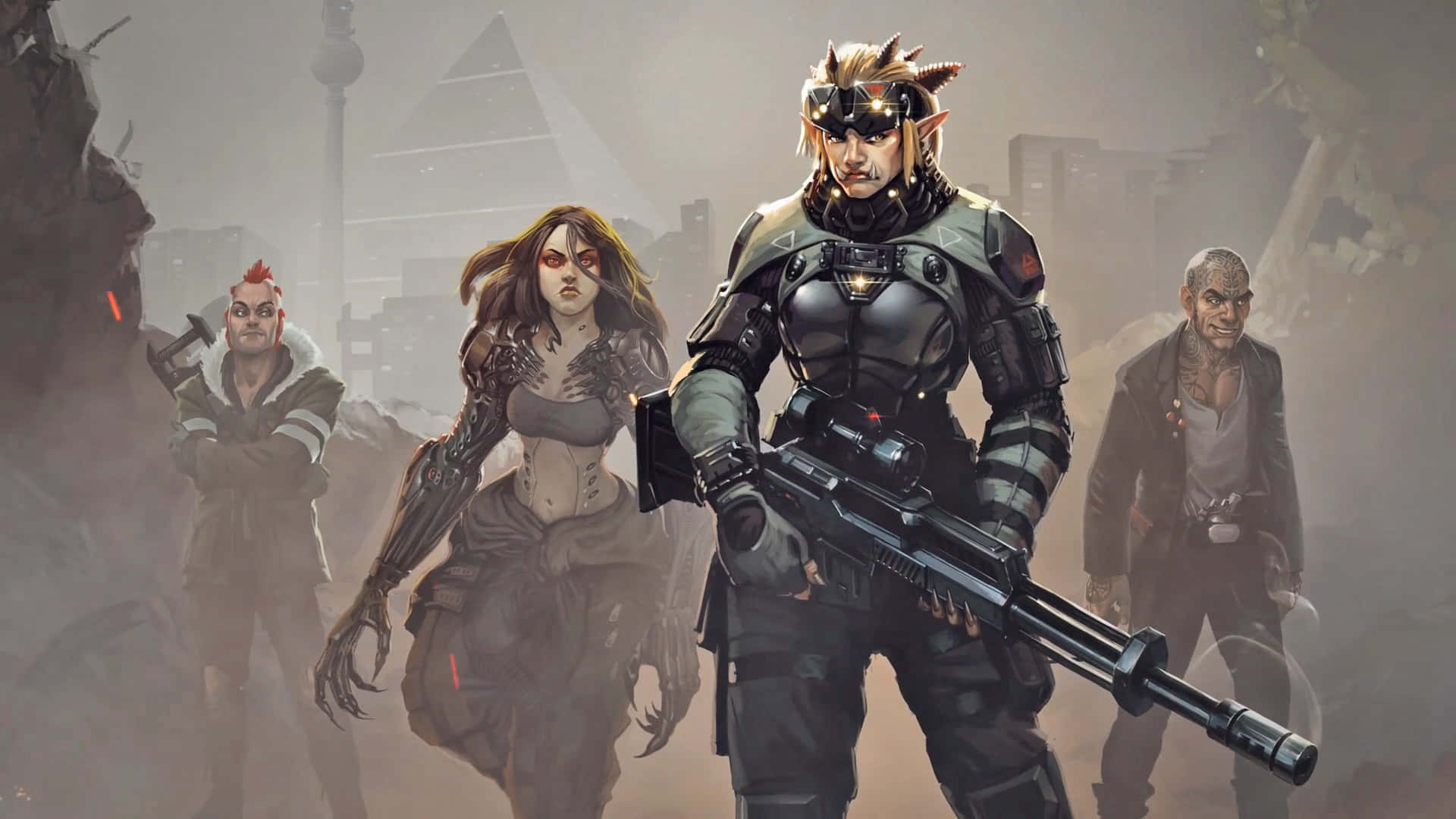 Una ilustración de un grupo de personajes de Shadowrun. En primer plano una orca rubia, con una armadura de combate de cuerpo completo en color gris y verde militar, empuñando un rifle de precisión de gran calibre. Detrás una chica morena, con el pelo largo, implantes en el torso y enormes ciberbrazos potenciados acabados en garras. Detrás y a la derecha hay un tipo calvo, que viste vaqueros con un cinturón de hebilla ancha tras la que aloja una pistola, camiseta blanca y chaqueta verde, con la piel del torso, cuello y cabeza cubierta de tatuajes. A la izquierda hay otro tipo, con un mohicano rojo, con chaqueta verde con cuello de pelo blanco y un arma a la espalda.