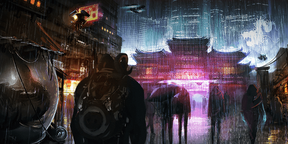 Ilustración conceptual de la noche lluviosa de Hong Kong en Shadowrun. En primer plano hay un troll de espaldas, caminando en dirección a un grupo de personas, mientras al fondo se mezclan elementos arquitectónicos clásicos iluminado en neón magenta, con los grandes rascacielos de cristal y acero iluminados en azul cian.