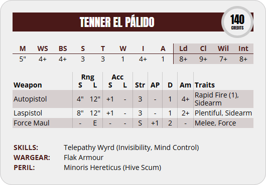 Perfil de Dramatis Personae de Necromunda para el brujo telépata Tenner el pálido. Es un hive scum con un coste de 140cr. El perfil es de: M5", WS4+, BS4+, S3, T3, W1, I3+, A1, Ld8+, Cl9+, Wil7+, Int8+. Está equipado con Autopistol, Laspistol, Force Maul y Flak Armour. Tiene como skills dos poderes de Telepathy Wyrd: Invisibility y Mind Control.
