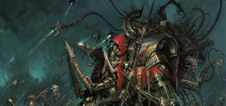 Ilustración del cuerpo constructo cibernético de pesadilla de un magos del Adeptus Mechanicus. Se ve un torso mecánico, de normes hombreras, de las que surgen dos brazos mecánicos enormes, que sostienen un hacha del Mechanicus. Del frente del torso surgen dos brazos orgánicos demacrados con un color cadavérico, en gesto de orgación, mientras que justo debajo surgen dos brazos mecánicos adicionales mayores, que imitan el gesto de oración. El cuerpo está sólo parcialmente cubierto por los clásicos ropajes rojo oscuro del Adeptus, incluida una cabeza de la que apenas se pueden ver sensores luminosos en lugar de ojos y montones de tubos y cables que cubren el rostro. Toda la espalda es un cúmulo de mecadendritas, ciberbrazos, pinzas mecánicas y servocráneos. Un horror que perfectamente representa un adversario en Warhammer 40000 Roleplay Wrath and Glory para frameworks de Tier 3.