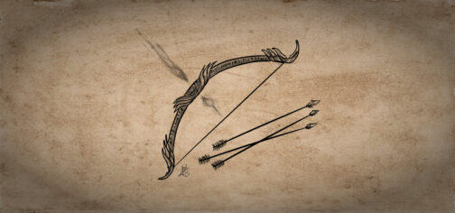 Una ilustración simplona, en blanco y negro de un arco de ráfaga, el arma mágica para juegos OSR. Es un arco recurvo con la madera cubierta de runas inscritas. Los extremos y la parte de donde se coge para disparar están cubiertas de unas láminas de metal en tres niveles como si fueran hojas de librito. En la posición donde se coloca una flecha para dispararla, aparecen como unas volutas de humo hacia delante y detrás de la dirección de disparo.