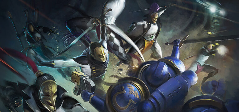 Ilustración de una troupe de arlequines aeldari abalanzándose desde el cielo con suma elegancia sobre un grupo de marines del capítulo de los ultramarines. Los harlequin van vestidos con trajes blancos y negros, en cuadros o rombos que contrastan muy fuerte con sus máscaras doradas y sus peinados y tabardos en colores amarillos y morados. La imagen es muy dinámica. Es un ejemplo perfecto de lo que se puede dar con los ejemplos de framework aeldari para Wrath and Glory del artículo.