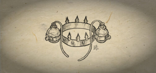 Un boceto, en blanco y negro de una corona de pócimas, el objeto mágico para juegos OSR. Se trata de una sencilla corona con el cerco liso y dos soportes para pócimas en los laterales, que se ajustan con correas de cuero y de cuyos tapones salen dos tubitos que pueden llegar hasta la boca del portador. El cerco de la corona está decorado por delante con cuatro gemas y en la parte de arriba tiene tres puntas a intervalos regulares.