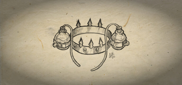 Un boceto, en blanco y negro de una corona de pócimas, el objeto mágico para juegos OSR. Se trata de una sencilla corona con el cerco liso y dos soportes para pócimas en los laterales, que se ajustan con correas de cuero y de cuyos tapones salen dos tubitos que pueden llegar hasta la boca del portador. El cerco de la corona está decorado por delante con cuatro gemas y en la parte de arriba tiene tres puntas a intervalos regulares.
