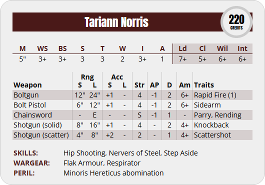 Perfil de Dramatis Personae de Necromunda para el brujo telépata Tenner el pálido. Es un bountyhunter con un coste de 220cr. El perfil es de: M5", WS3+, BS3+, S3, T3, W2, I3+, A1, Ld7+, Cl5+, Wil6+, Int6+. Está equipado con Boltgun, Bolt Pistol, Chainsword, Shotgun (Solid & Scatter), Flak Armour y Respirator. Tiene como skills Hip Shooting, Nerves of Steel y Step Aside.