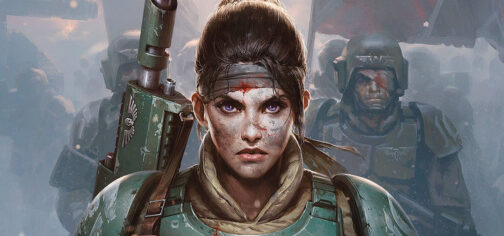 Ilustración de varios soldados de la Guardia Imperial (o Astra Militarum, como lo llaman ahora) de Cadia de Warhammer 40000, con sus uniformes y armadura verdes, múltiples heridas y vendajes, entre el humo. En primer plano están hombros y rostro de una cadiana sin casco, con un rifle láser al hombro, la cara totalmente cubierta de hollín y barro, un vendaje ensangrentado en la frente y una mirada decidida en los ojos de color azul morado. Es la pura imagen de guerreros derrotados con la esperanza de que no va a quedar así. Tiene un cierto parecido con la actriz Alison Brie.