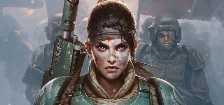 Ilustración de varios soldados de la Guardia Imperial (o Astra Militarum, como lo llaman ahora) de Cadia de Warhammer 40000, con sus uniformes y armadura verdes, múltiples heridas y vendajes, entre el humo. En primer plano están hombros y rostro de una cadiana sin casco, con un rifle láser al hombro, la cara totalmente cubierta de hollín y barro, un vendaje ensangrentado en la frente y una mirada decidida en los ojos de color azul morado. Es la pura imagen de guerreros derrotados con la esperanza de que no va a quedar así. Tiene un cierto parecido con la actriz Alison Brie.