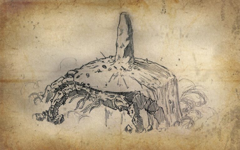 En un papel de tipo pergamino un dibujo abocetado de un atronador de arena. Es una criatura que se parece a un cangrejo, un insecto o una araña, con múltiples patas con exoesqueleto. Su lomo, sin embargo, es más parecido a un montículo con un menhir en su centro.