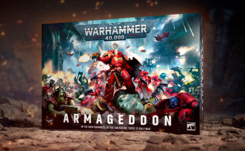 Imagen promocional de la caja de Warhammer 40000 Armageddon, la undécima edición del juego de batallas de miniaturas.