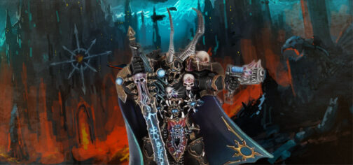 Imagen de la miniatura de Warhammer 40000 para Baranon Corvax, el líder de la banda de guerra de la Legión Negra llamada Sombras Injuriadoras. Tiene una armadura negra con rebordes dorados y una decoración muy recargada en símbolos del Caos Unificado, así como unos característicos cuernos muy largos que le salen de la frente. Porta una capa en color azul nocturno, una espada demonio en la mano derecha (cuya punta apoya en el suelo) y, en la mano izquierda, una pistola de plasma parcialmente orgánica que tiene ojos.