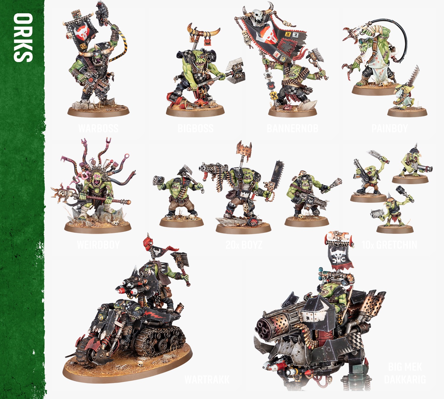 Ejemplos de las miniaturas orkas incluídas en la caja Warhammer 40000 Armageddon, la decimoprimera edición del juego. No aparecen todas las miniaturas, sino sólo una muestra, indicando que incluye: un warboss, un bigboss, un bannermob, un painboy, un weirdboy, veinte boyz, diez gretchin, un wartrakk y un big mek dakkarig.