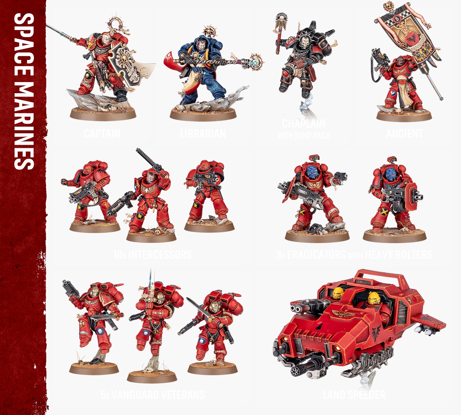 Ejemplos de las miniaturas de marines espaciales que incluye la caja de undécima edición de Warhammer 40000 Armageddon. No aparecen todas las miniaturas, sino sólo una muestra, indicando que incluye: un captain, un librarian, un chaplain with jump pack, un ancient, diez intercessors, tres eradicators con heavy bolters, cinco vanguard veterans y un land speeder.