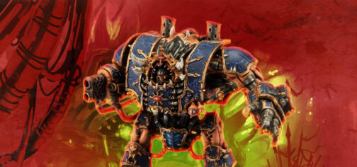 Fotografía con mucha edición de una miniatura que representa a Gurvex Mor, el su forma de dreadnought del Caos. Es una figura enorme, mezcla aberrante de una máquina de guerra bípeda y carne corrupta de origen demoniaco. Tiene la cabeza en el centro de un torso blindado con gruesas placas metálicas de color oscuro, recorridas por descargas eléctricas y rebordes en bronce. Sus hombros, antebrazos y espinillas están igual de blindadas, mientras que su chepa, muslos y brazos parecen una amalgama horrenda de carne deforme, tubos, pistones hidráulicos y arterias visibles. Su brazo derecho acaba en un cañón de gran tamaño y su brazo izquierdo en una garra mecánica. Está inmerso en un lugar en colores rojos y amarillos de llamas enfermizas.
