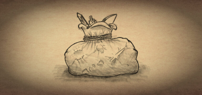 Un dibujico a lápiz sobre un papel antiguo y avejentado. Representa una gran bolsa llena a reventar, con la apertura cerrada con varias vueltas de cuerda que no puede evitar que sobresalgan cosas como la punta de una espada, un arco o una mano haciendo la peineta. En el ancho cuerpo de la bolsa se puede ver las siluetas de varias cosas que presionan desde dentro de puro lleno: un cepo, una pócima, una daga y un señor de cuenta. O sea, la Bolsa de Kh'ona, que es el objeto mágico diseñado para juegos OSR de la entrada.