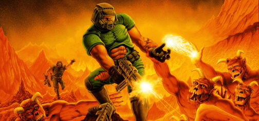 Detalle de la clásica portada del juego Doom del año 93. Se puede ver al célebre Doomguy, en el centro y sobre un montículo, disparando contra montones de demonios que intentan arrastrarlo bajo sus garras, en un ambiente de montañas demoniacas y tonos anaranjados.