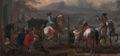 Detalle del óleo "Riding School", de Philips Wouwerman, pintado alrededor de 1688. Presenta un conjunto de nobles de la época, con vestimentas de colores brillantes, haciendo prácticas de aprendizaje en diferentes caballos. Una imagen para ilustrar las diferentes tipos de monturas en la Marca del Este.