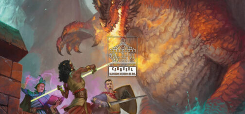 Dibujo de los personajes clásicos de la serie Dragones y Mazmorras (mago, acróbata y caballero), enfrentándose a un dragón rojo en las almenas de un castillo. Una típica situación de "qué haces ahora?" de los juegos de rol. En el centro sobre la el dibujo está el logo de la iniciativa Carrusel: un rectángulo vertical con un tiovivo de feria coronado por un dado de 20 caras, cuyas monturas son una imagen de Cthulhu, un caballero armado a caballo y una armadura de combate tecnológica. Bajo el tiovivo aparecen las letras grandes CARRUSEL ondulando arriba y abajo, y bajo esas, ocupando el mismo ancho, BLOGUERO DE JUEGOS DE ROL.