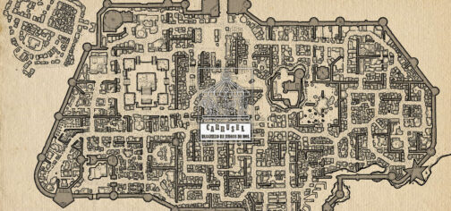 Mapa de Dyson Logos, obtenido del blog Dyson's Dodecahedron, que muestra una gran ciudad medieval amurallada, dividida en decenas de distritos menores y con un cementerio al noroeste. Está dibujado con líneas negras hechas a mano sobre un papel ondulado de color amarillento. Un clásico de lo que se suele utilizar para mapas en las partidas de juegos de rol. En el centro sobre el dibujo está el logo de la iniciativa Carrusel: un rectángulo vertical con un tiovivo de feria coronado por un dado de 20 caras, cuyas monturas son una imagen de Cthulhu, un caballero armado a caballo y una armadura de combate tecnológica. Bajo el tiovivo aparecen las letras grandes CARRUSEL ondulando arriba y abajo, y bajo esas, ocupando el mismo ancho, BLOGUERO DE JUEGOS DE ROL.