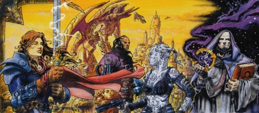Ilustración mostrando diferentes personajes, lugares y espacios características del universo de Fading Suns, como un caballero armado Al Malik, una guerrera Ur Ukar, un sacerdote ortodoxo, un auriga de la Asamblea, una gárgola y varios edificios alrededor de los que vuelan diferentes naves espaciales. No nos engañemos, este universo está lleno de capullos.
