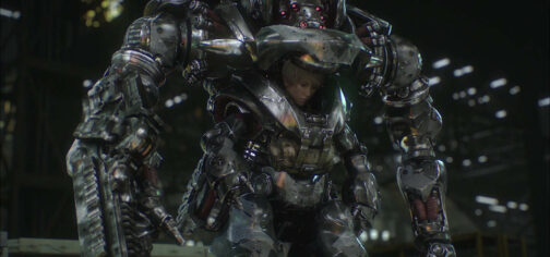 Fotograma de la película CGI Appleseed Alpha, mostrando un landmate visiblemente machacado tras un combate, con la placa de blindaje frontal levantada de manera que se ve en su interior a Deunan Knute.