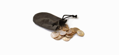 Una bolsa de cuero abierta de la que se derraman un montón de monedas de oro de aspecto muy antiguo. Lo
