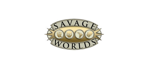 Sobre un fondo completamente blanco, el logotipo de Savage Worlds, el reglamento para juegos de rol.