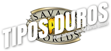 Logo de Tipos Duros, edición Explorer: el texto Tipos Duros en letras blancas grandes y cuadradas, con una inclinación de unos 15º hacia la derecha y debajo, letra más pequeña pero con las mismas características Tipos Salvajes - Savage Worlds Edition, todo girado unos 15º a contrarreloj y superpuesto al logo de Savage Worlds Fans.