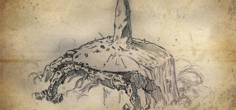 En un papel de tipo pergamino un dibujo abocetado de un atronador de arena. Es una criatura que se parece a un cangrejo, un insecto o una araña, con múltiples patas con exoesqueleto. Su lomo, sin embargo, es más parecido a un montículo con un menhir en su centro.