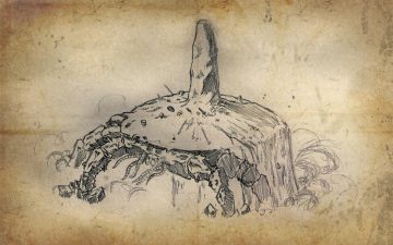 En un papel de tipo pergamino un dibujo abocetado de un atronador de arena. Es una criatura que se parece a un cangrejo, un insecto o una araña, con múltiples patas con exoesqueleto. Su lomo, sin embargo, es más parecido a un montículo con un menhir en su centro.