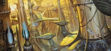 Ilustración mostrando el paisaje de una ciudad del interior de un Mundo Astronave aeldari de Warhammer 40k. Cientos de edificios de hueso espectral hasta donde alcanza la vista, de estructura ahusadas y decorados con formas similares a gotas, bajo una luz amarilla anaranjada del amanecr. Algunos vehículos de diseño muy estilizado y estelas de plasma azul vuelan entre ellos. Un buen motivo para una campaña aeldari y salvar a toda una civilización.