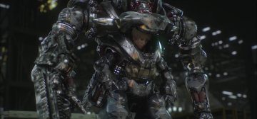 Fotograma de la película CGI Appleseed Alpha, mostrando un landmate visiblemente machacado tras un combate, con la placa de blindaje frontal levantada de manera que se ve en su interior a Deunan Knute.