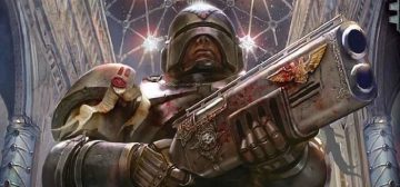 Ilustración en contrapicado de un Adeptus Arbites portando una escopeta en Dark Heresy. Lleva la armadura habitual y su arma con detalles labrados indicando que es un arma con un gran historial de servicio.
