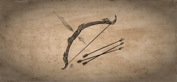 Una ilustración simplona, en blanco y negro de un arco de ráfaga, el arma mágica para juegos OSR. Es un arco recurvo con la madera cubierta de runas inscritas. Los extremos y la parte de donde se coge para disparar están cubiertas de unas láminas de metal en tres niveles como si fueran hojas de librito. En la posición donde se coloca una flecha para dispararla, aparecen como unas volutas de humo hacia delante y detrás de la dirección de disparo.