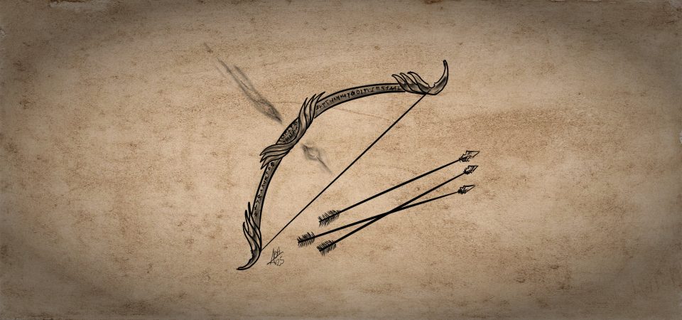 Una ilustración simplona, en blanco y negro de un arco de ráfaga, el arma mágica para juegos OSR. Es un arco recurvo con la madera cubierta de runas inscritas. Los extremos y la parte de donde se coge para disparar están cubiertas de unas láminas de metal en tres niveles como si fueran hojas de librito. En la posición donde se coloca una flecha para dispararla, aparecen como unas volutas de humo hacia delante y detrás de la dirección de disparo.