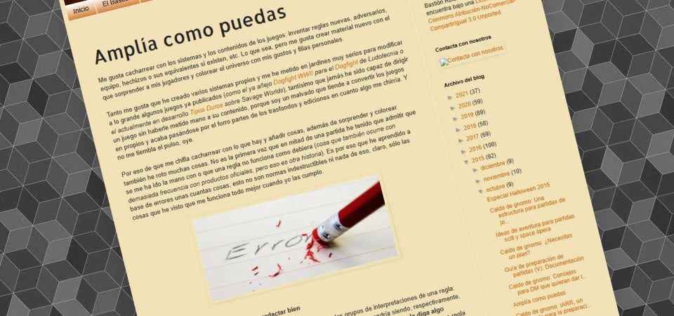 Captura de pantalla del blog Bastión rolero. Está inclinada unos cuantos grados en sentido antihorario y tiene un cuerpo central de fondo de color naranja pastel, con texto negro, y un fondo de página de rombos de diferentes ronos de gris engranados entre sí de manera que da la impresión de ser una serie de cubos apilados.